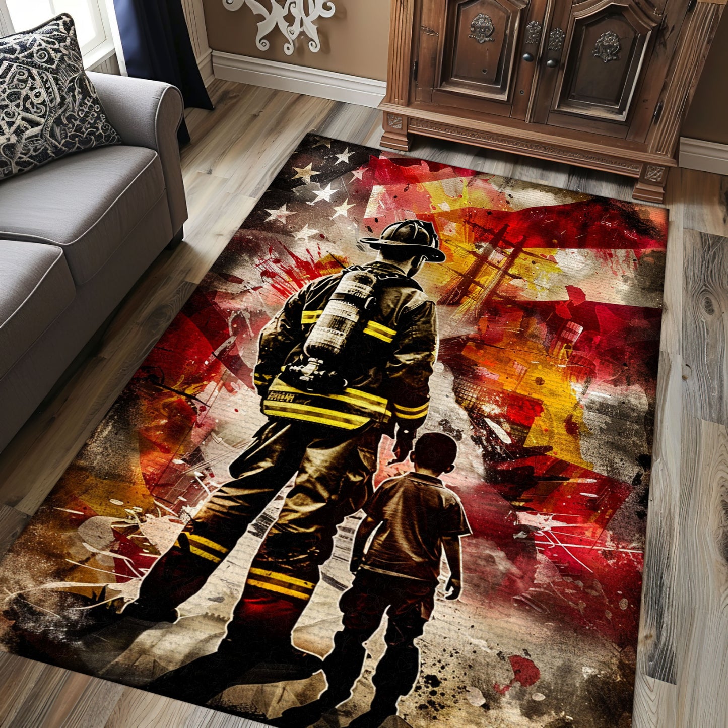 Vibrant Firefighter Dad and Son Design Rug: Showcase Family Bond and Courage, Firefighter Rugs for Living Room Bedroom, Firefighter Rectangular Rugs Full Size FR50