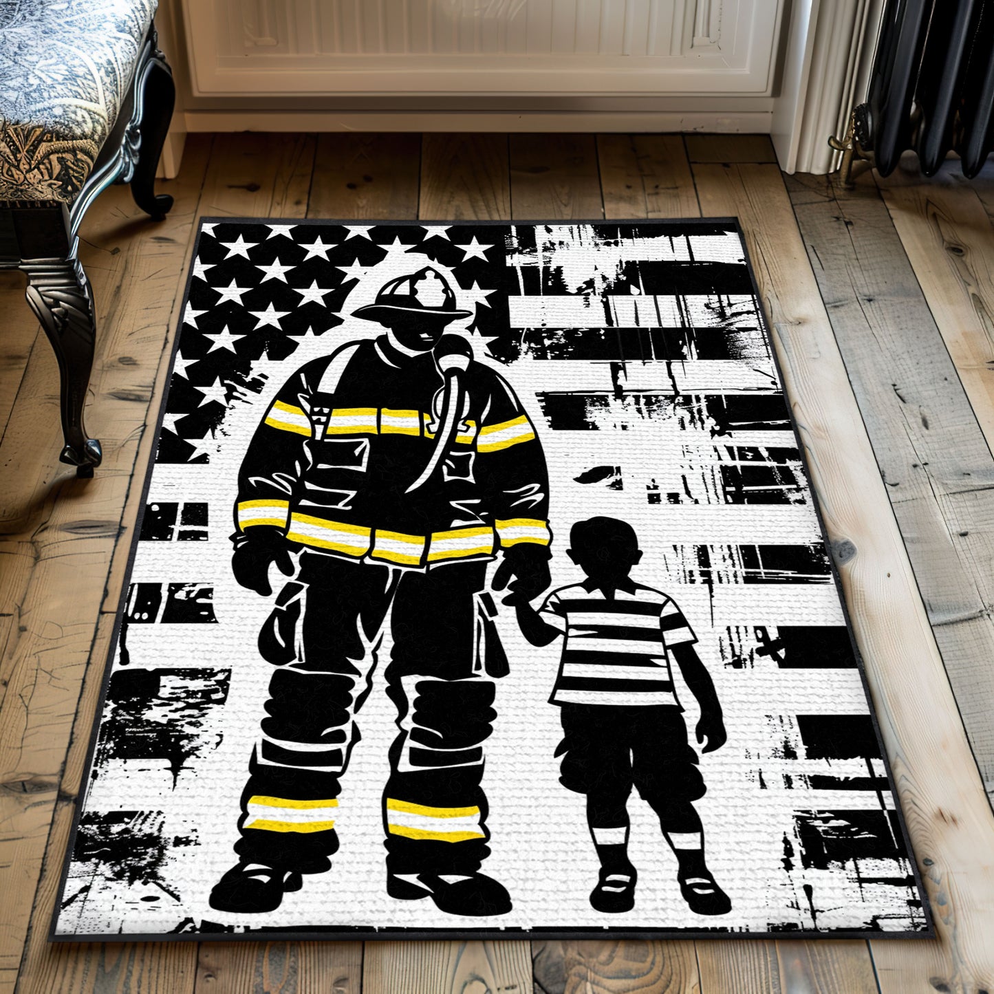 Courageous Firefighter Escaping Smoke and Fire Rectangular Rug: Symbolize Resilience, Firefighter Rugs for Living Room Bedroom, Firefighter Rectangular Rugs Full Size FR49