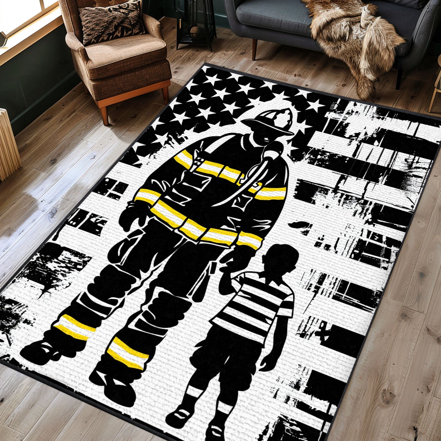 Courageous Firefighter Escaping Smoke and Fire Rectangular Rug: Symbolize Resilience, Firefighter Rugs for Living Room Bedroom, Firefighter Rectangular Rugs Full Size FR49