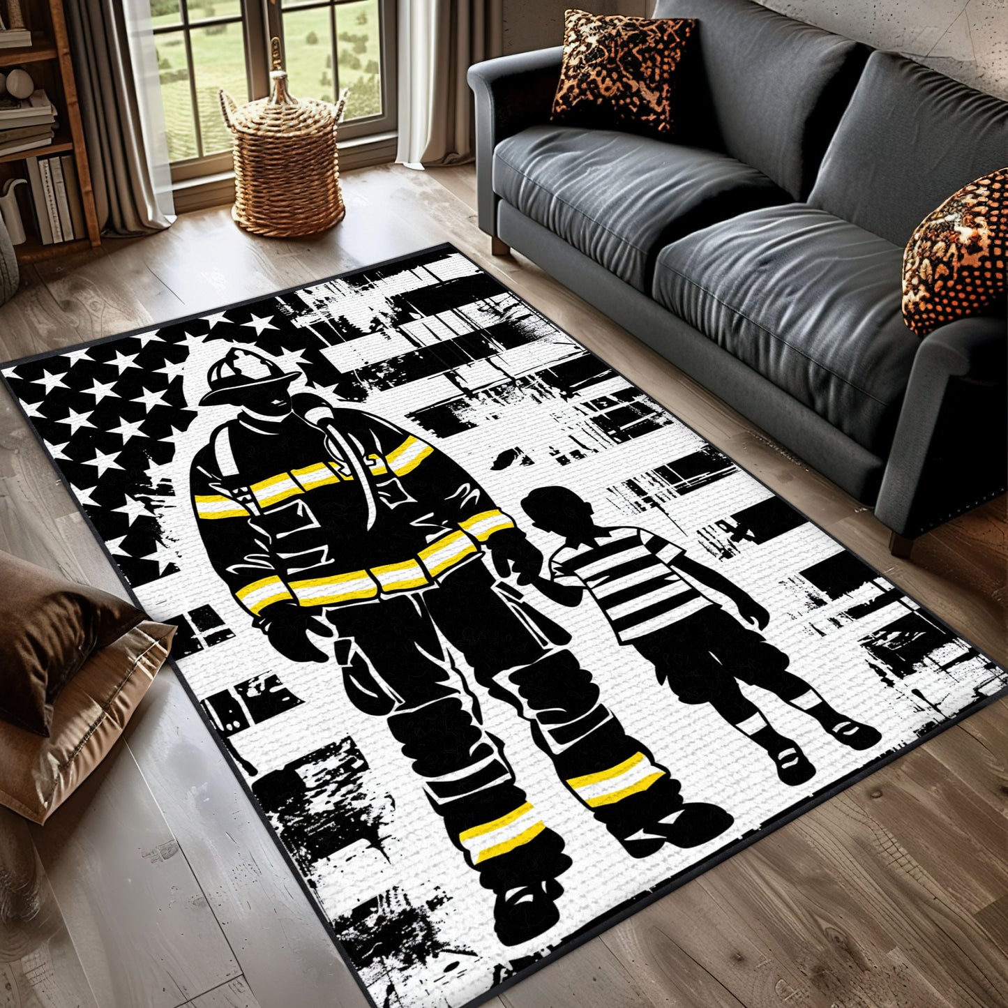 Courageous Firefighter Escaping Smoke and Fire Rectangular Rug: Symbolize Resilience, Firefighter Rugs for Living Room Bedroom, Firefighter Rectangular Rugs Full Size FR49