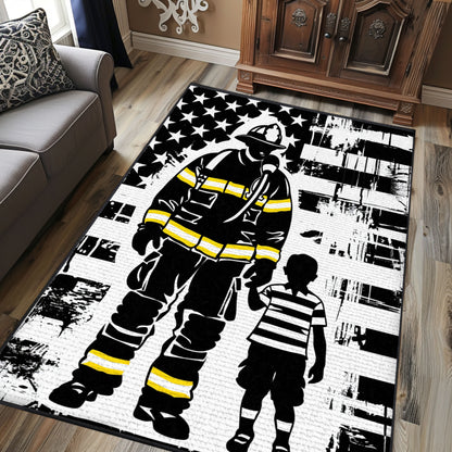 Courageous Firefighter Escaping Smoke and Fire Rectangular Rug: Symbolize Resilience, Firefighter Rugs for Living Room Bedroom, Firefighter Rectangular Rugs Full Size FR49