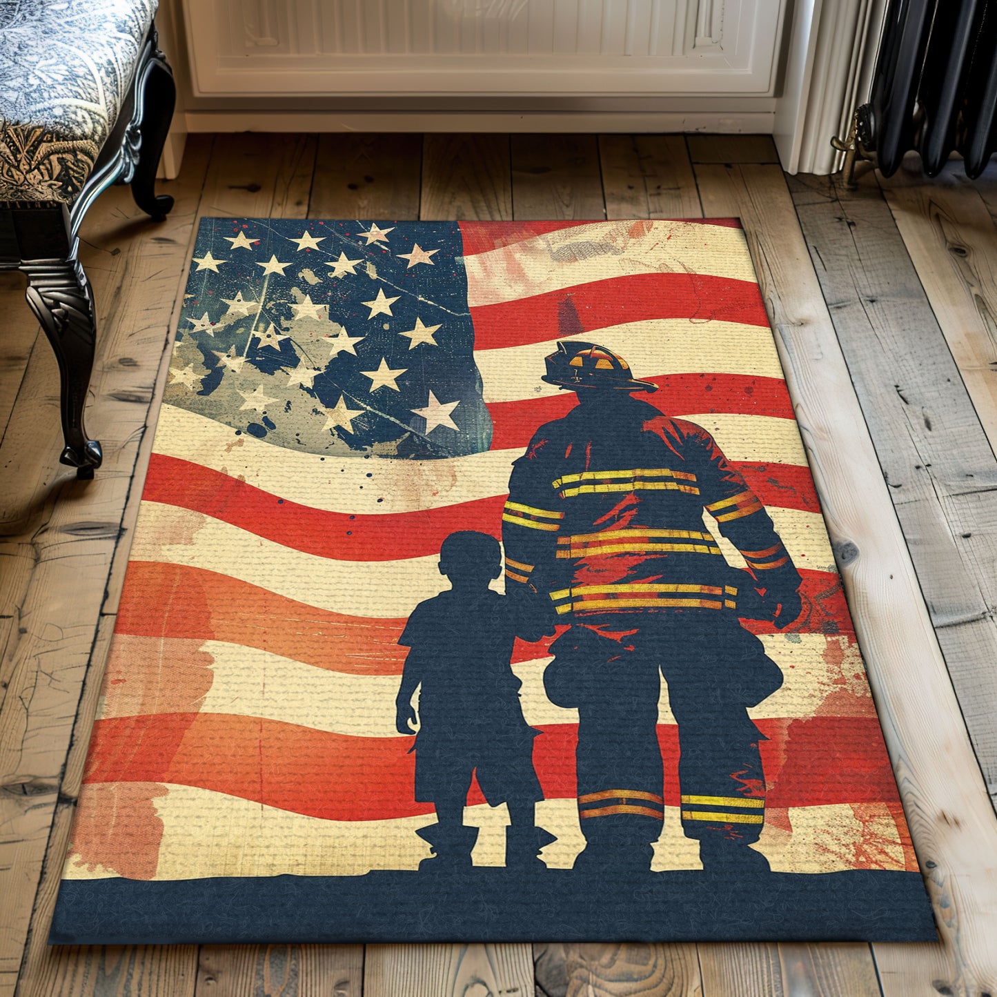 Dynamic Fire Truck in Front of USA Flag Area Rug: Pay Tribute to Bravery, Firefighter Rugs for Living Room Bedroom, Firefighter Rectangular Rugs Full Size FR48