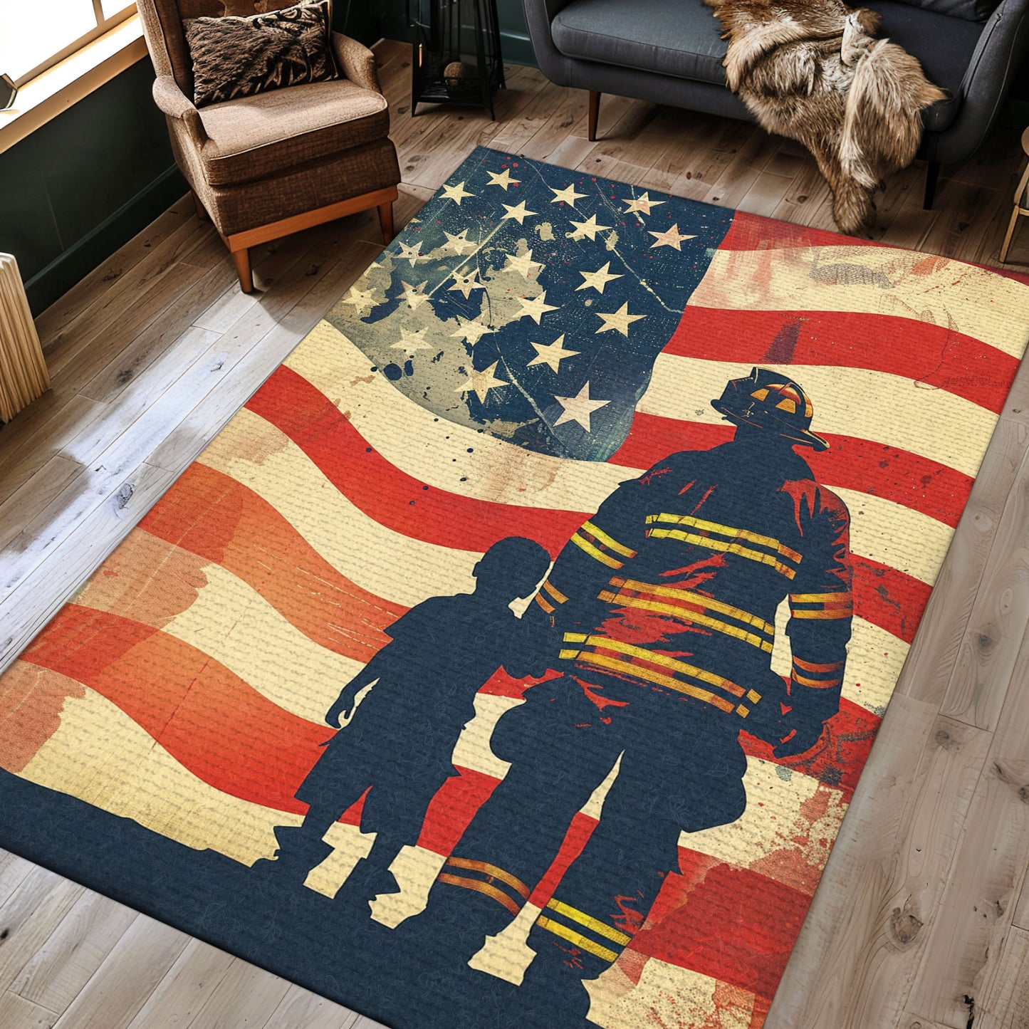 Dynamic Fire Truck in Front of USA Flag Area Rug: Pay Tribute to Bravery, Firefighter Rugs for Living Room Bedroom, Firefighter Rectangular Rugs Full Size FR48