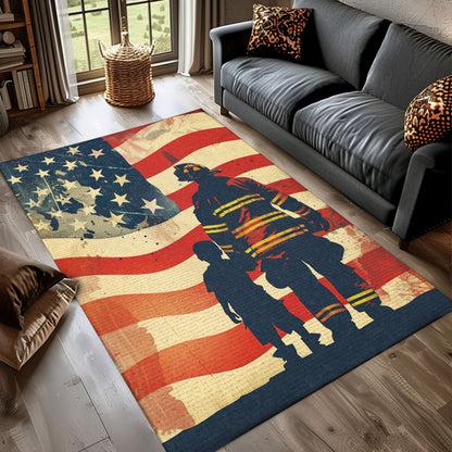 Dynamic Fire Truck in Front of USA Flag Area Rug: Pay Tribute to Bravery, Firefighter Rugs for Living Room Bedroom, Firefighter Rectangular Rugs Full Size FR48