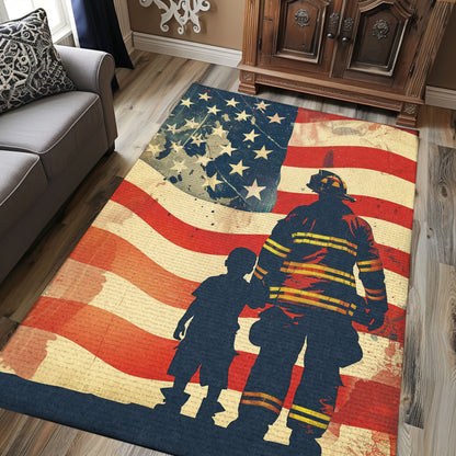 Dynamic Fire Truck in Front of USA Flag Area Rug: Pay Tribute to Bravery, Firefighter Rugs for Living Room Bedroom, Firefighter Rectangular Rugs Full Size FR48