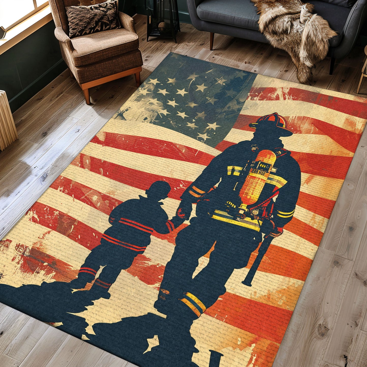 Patriotic Firefighter America Flag Theme Rug: Celebrate American Heroes, Firefighter Rugs for Living Room Bedroom, Firefighter Rectangular Rugs Full Size FR47