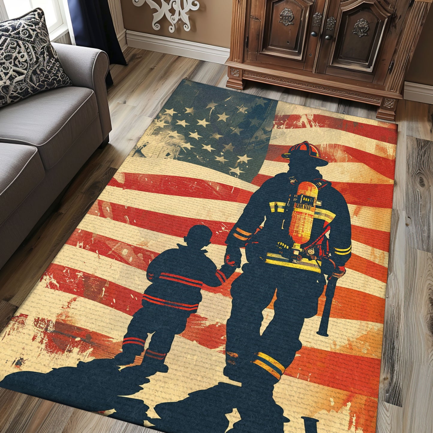 Patriotic Firefighter America Flag Theme Rug: Celebrate American Heroes, Firefighter Rugs for Living Room Bedroom, Firefighter Rectangular Rugs Full Size FR47