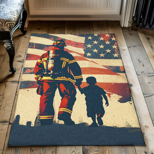 Heartwarming Firefighter Dad and Son Rectangular Rug: Tribute to Family and Service, Firefighter Rugs for Living Room Bedroom, Firefighter Rectangular Rugs Full Size FR46