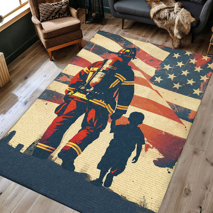 Heartwarming Firefighter Dad and Son Rectangular Rug: Tribute to Family and Service, Firefighter Rugs for Living Room Bedroom, Firefighter Rectangular Rugs Full Size FR46