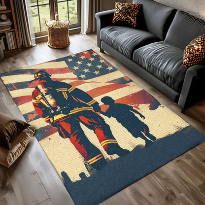 Heartwarming Firefighter Dad and Son Rectangular Rug: Tribute to Family and Service, Firefighter Rugs for Living Room Bedroom, Firefighter Rectangular Rugs Full Size FR46