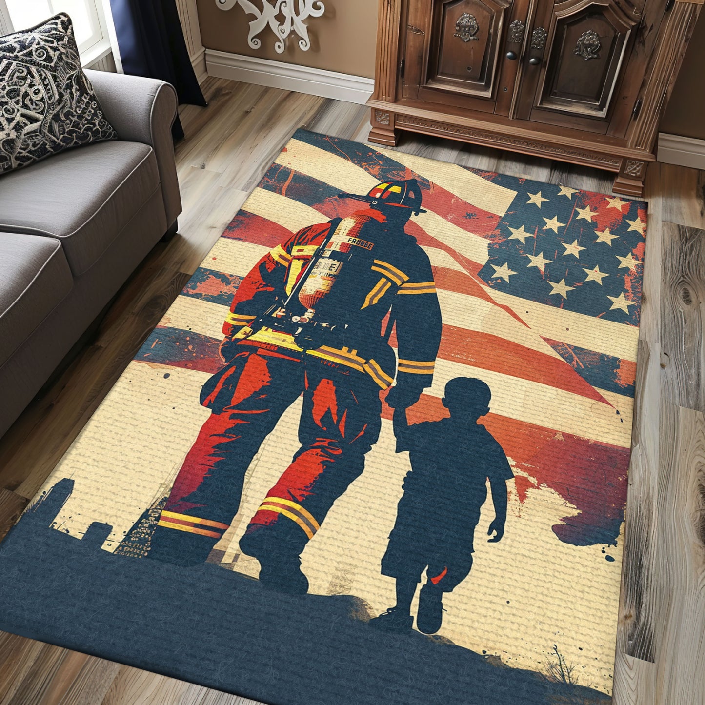 Heartwarming Firefighter Dad and Son Rectangular Rug: Tribute to Family and Service, Firefighter Rugs for Living Room Bedroom, Firefighter Rectangular Rugs Full Size FR46