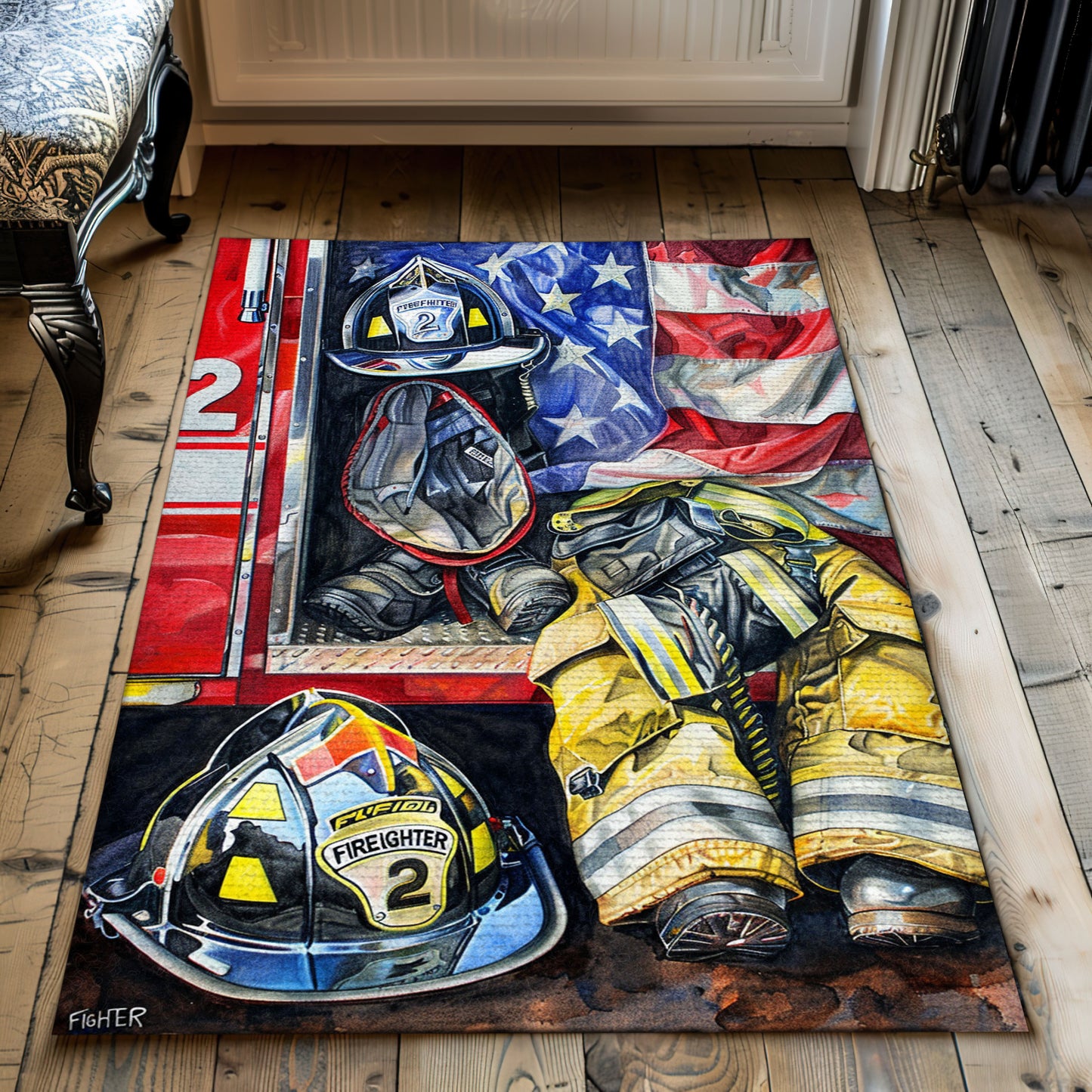 Firefighter Escaping Smoke and Fire Heroic Rug: Symbolize Resilience in Your Home, Firefighter Rugs for Living Room Bedroom, Firefighter Rectangular Rugs Full Size FR28