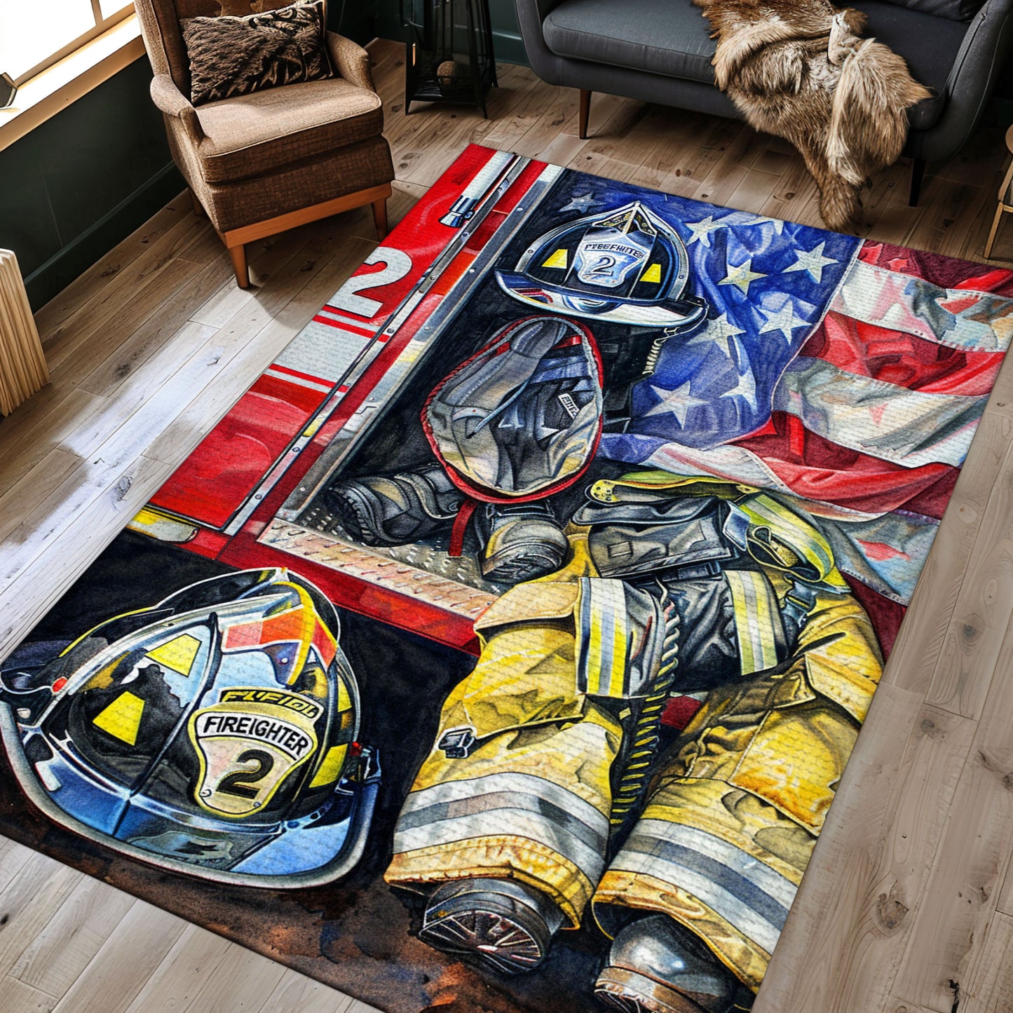 Firefighter Escaping Smoke and Fire Heroic Rug: Symbolize Resilience in Your Home, Firefighter Rugs for Living Room Bedroom, Firefighter Rectangular Rugs Full Size FR28