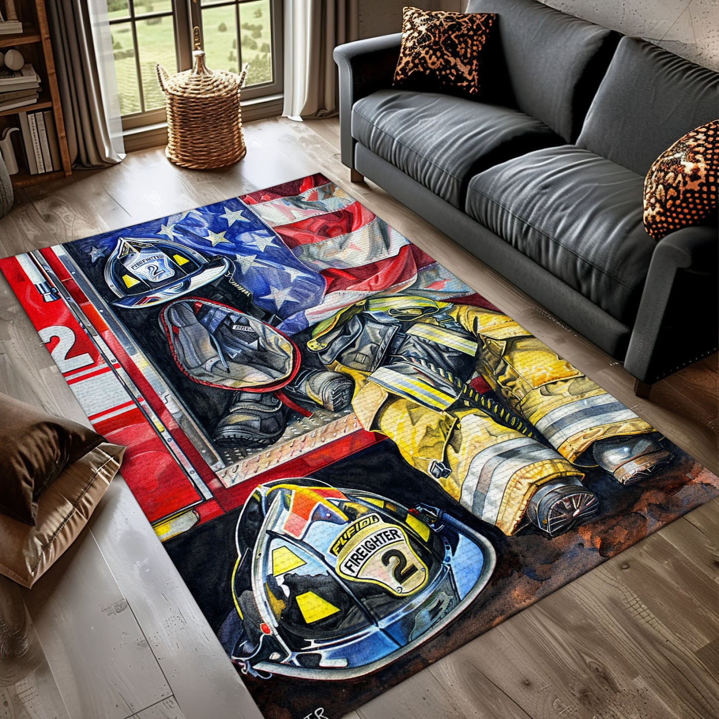 Firefighter Escaping Smoke and Fire Heroic Rug: Symbolize Resilience in Your Home, Firefighter Rugs for Living Room Bedroom, Firefighter Rectangular Rugs Full Size FR28