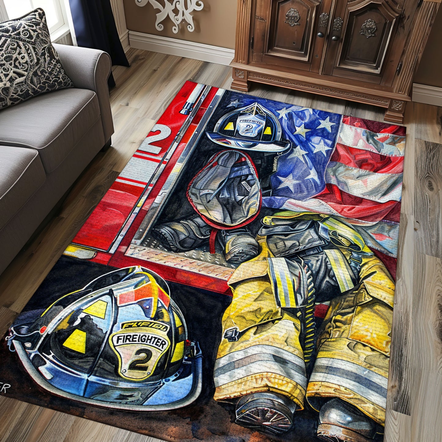 Firefighter Escaping Smoke and Fire Heroic Rug: Symbolize Resilience in Your Home, Firefighter Rugs for Living Room Bedroom, Firefighter Rectangular Rugs Full Size FR28