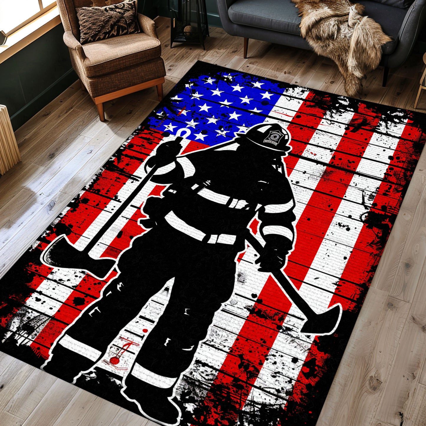 Heroic Firefighter Design Rug: Showcase Courage in Your Living Space, Firefighter Rugs for Living Room Bedroom, Firefighter Rectangular Rugs Full Size FR27