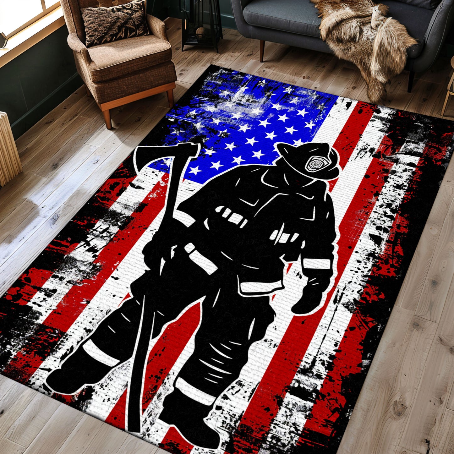 Dynamic Firefighter Theme Rug: Honor the Valor of First Responders, Firefighter Rugs for Living Room Bedroom, Firefighter Rectangular Rugs Full Size FR26