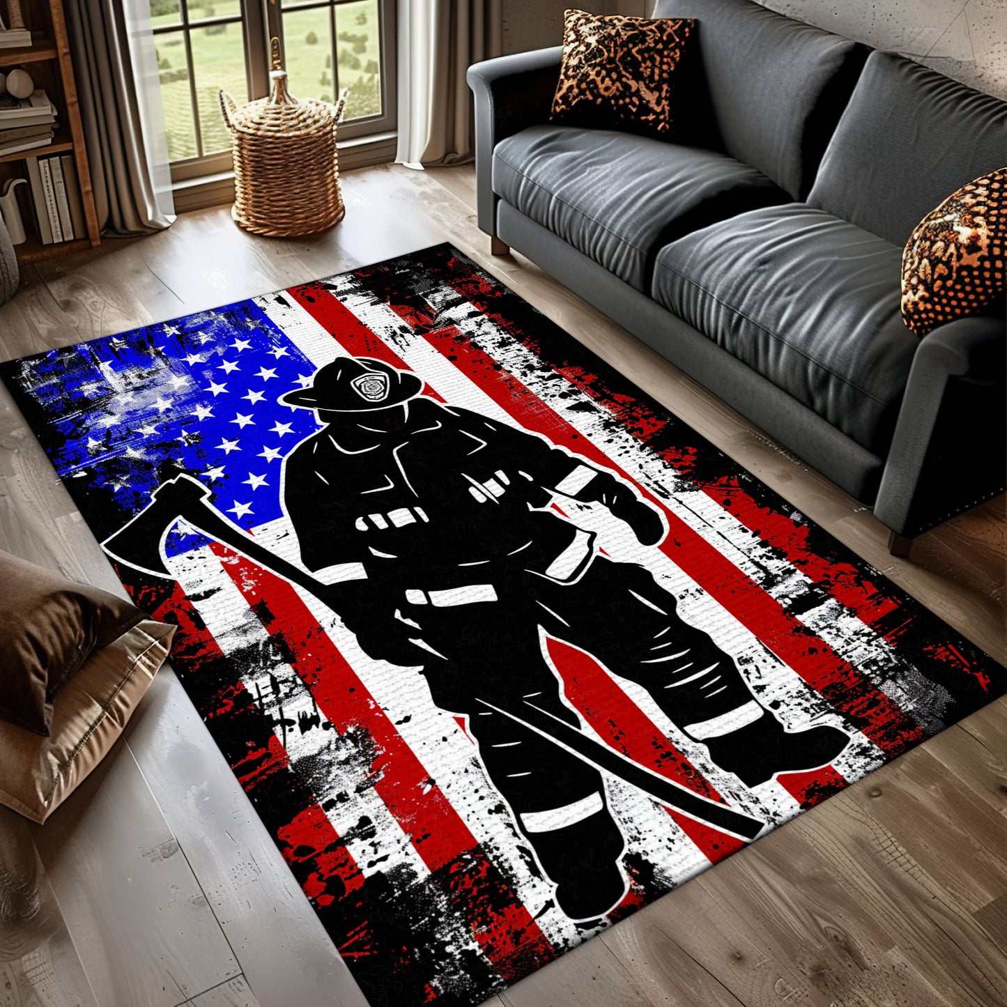 Dynamic Firefighter Theme Rug: Honor the Valor of First Responders, Firefighter Rugs for Living Room Bedroom, Firefighter Rectangular Rugs Full Size FR26