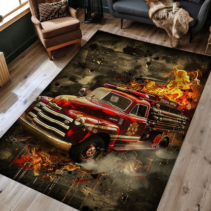 Firefighter Truck Patterned Area Rug: Add a Touch of Adventure to Your Home, Firefighter Rugs for Living Room Bedroom, Firefighter Rectangular Rugs Full Size FR07