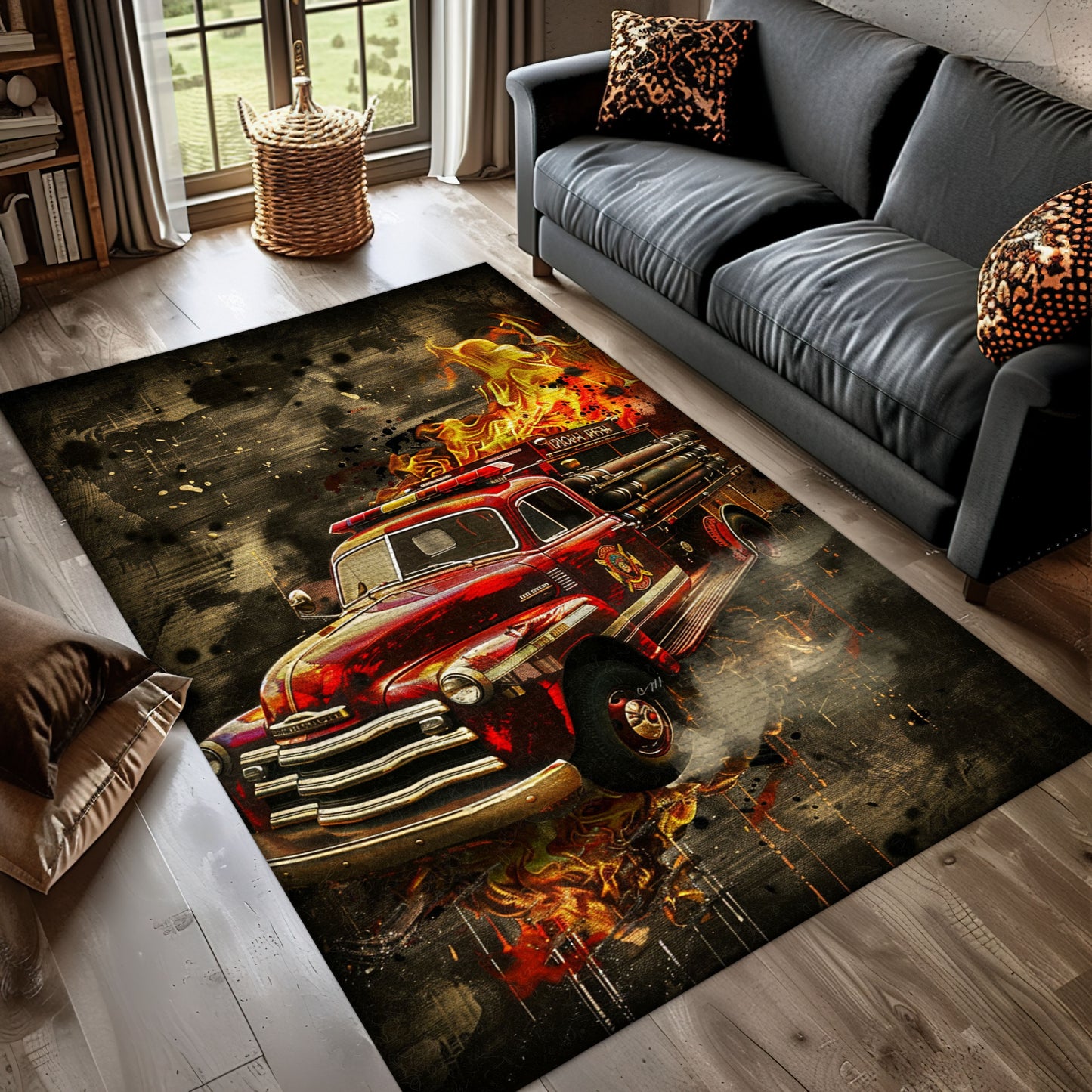 Firefighter Truck Patterned Area Rug: Add a Touch of Adventure to Your Home, Firefighter Rugs for Living Room Bedroom, Firefighter Rectangular Rugs Full Size FR07