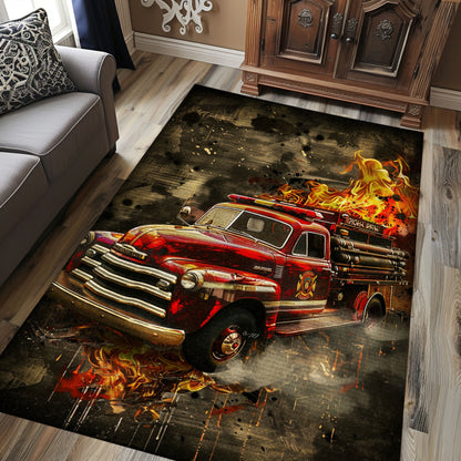 Firefighter Truck Patterned Area Rug: Add a Touch of Adventure to Your Home, Firefighter Rugs for Living Room Bedroom, Firefighter Rectangular Rugs Full Size FR07