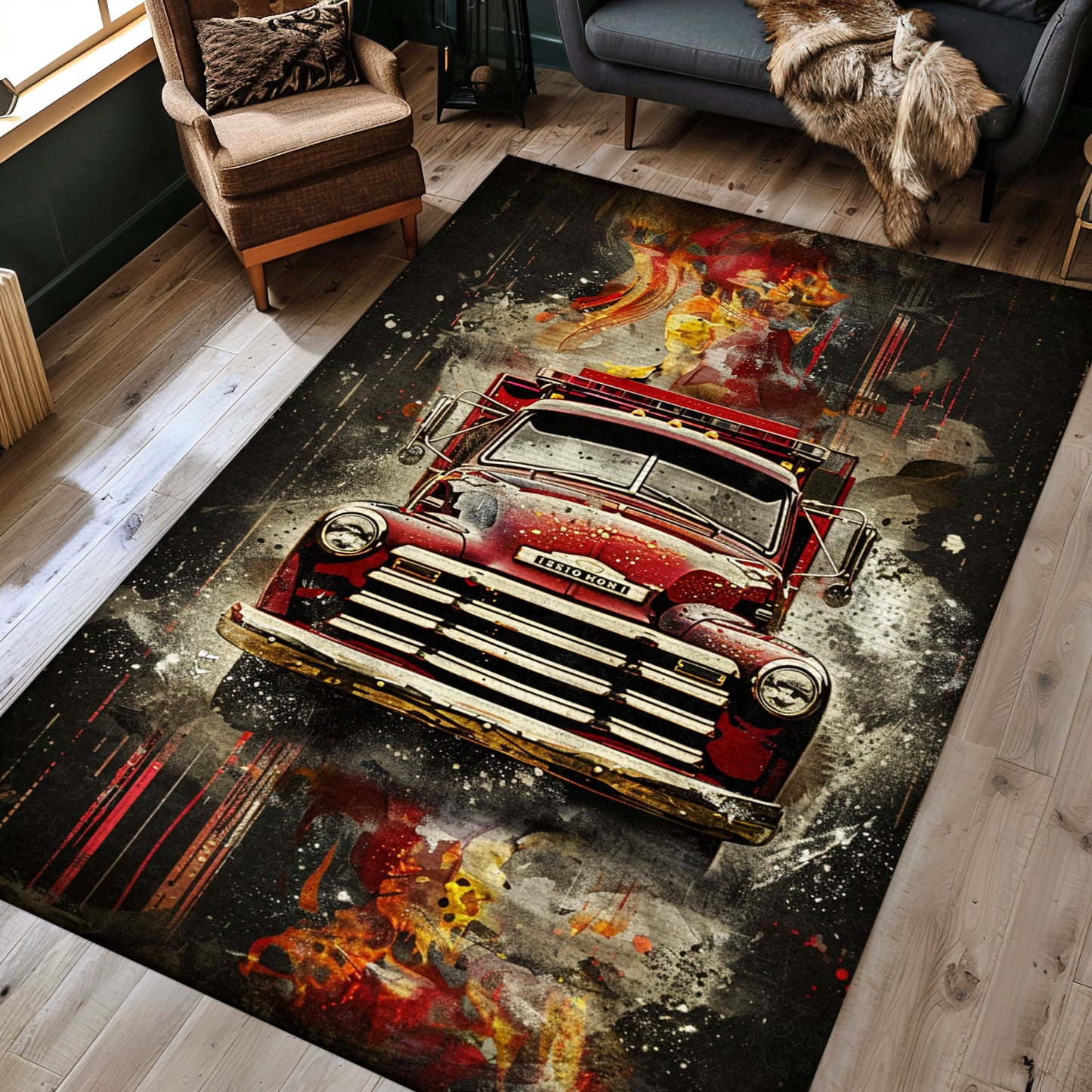 Vibrant Firefighter Truck Print Rug: Enhance Your Room with Heroic Vibes, Firefighter Rugs for Living Room Bedroom, Firefighter Rectangular Rugs Full Size FR06