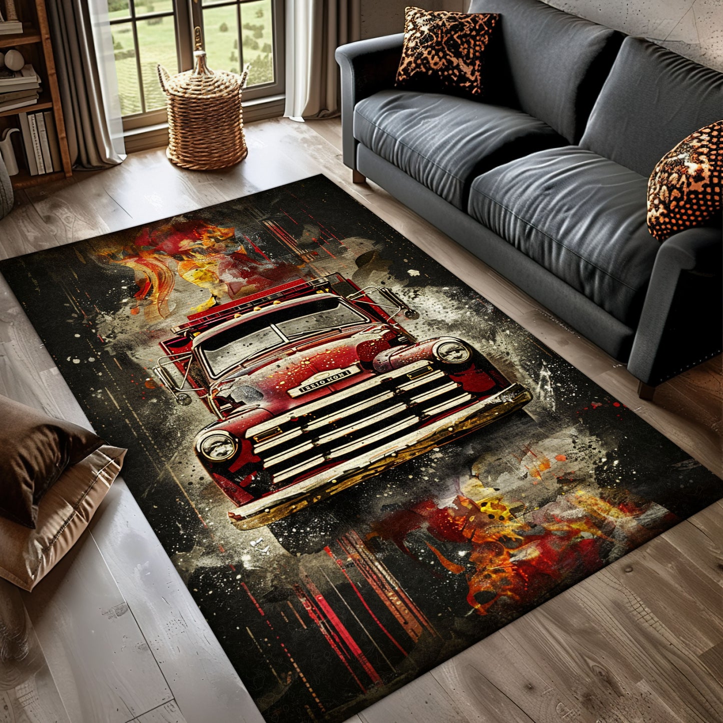 Vibrant Firefighter Truck Print Rug: Enhance Your Room with Heroic Vibes, Firefighter Rugs for Living Room Bedroom, Firefighter Rectangular Rugs Full Size FR06