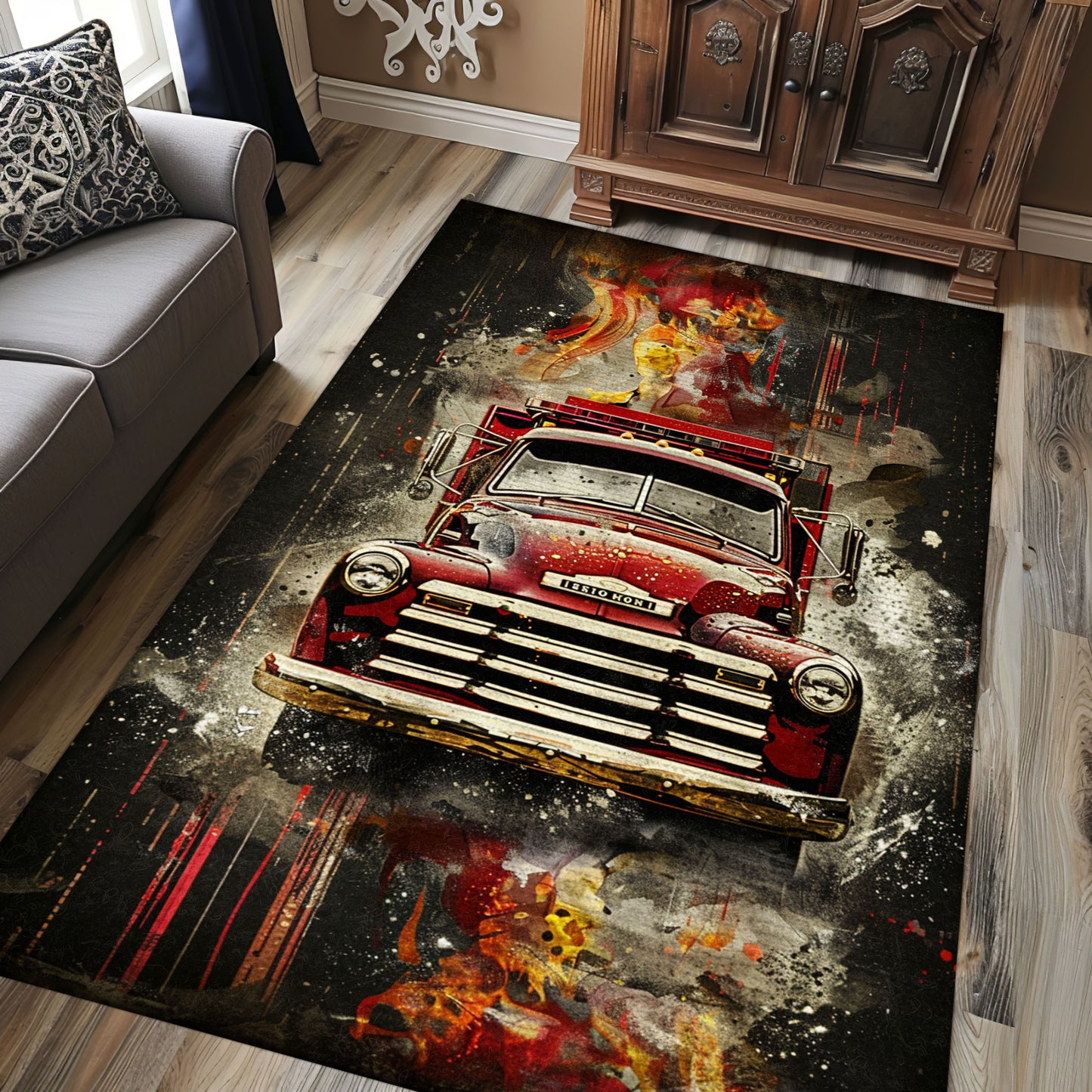 Vibrant Firefighter Truck Print Rug: Enhance Your Room with Heroic Vibes, Firefighter Rugs for Living Room Bedroom, Firefighter Rectangular Rugs Full Size FR06