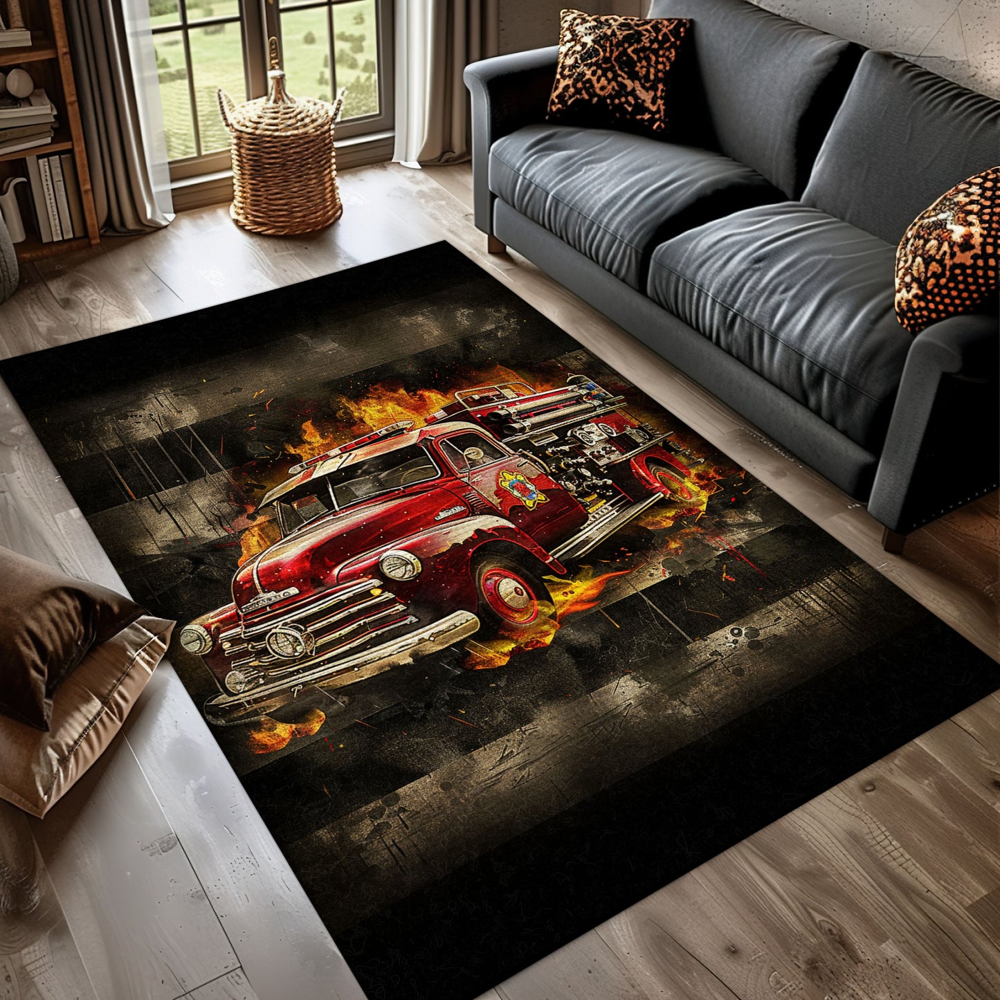 Firefighter Truck Theme Rug: Make a Statement with Your Flooring, Firefighter Rugs for Living Room Bedroom, Firefighter Rectangular Rugs Full Size FR05