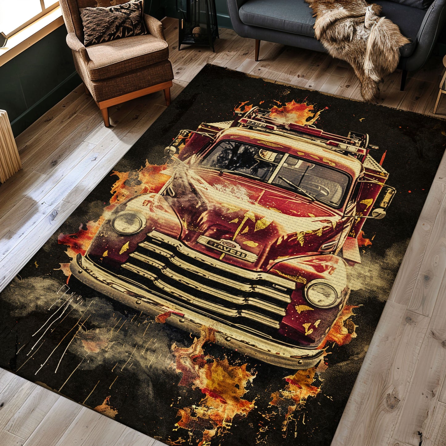 Personalized Fireman Truck Area Rug: Honor First Responders in Style, Firefighter Rugs for Living Room Bedroom, Firefighter Rectangular Rugs Full Size FR04