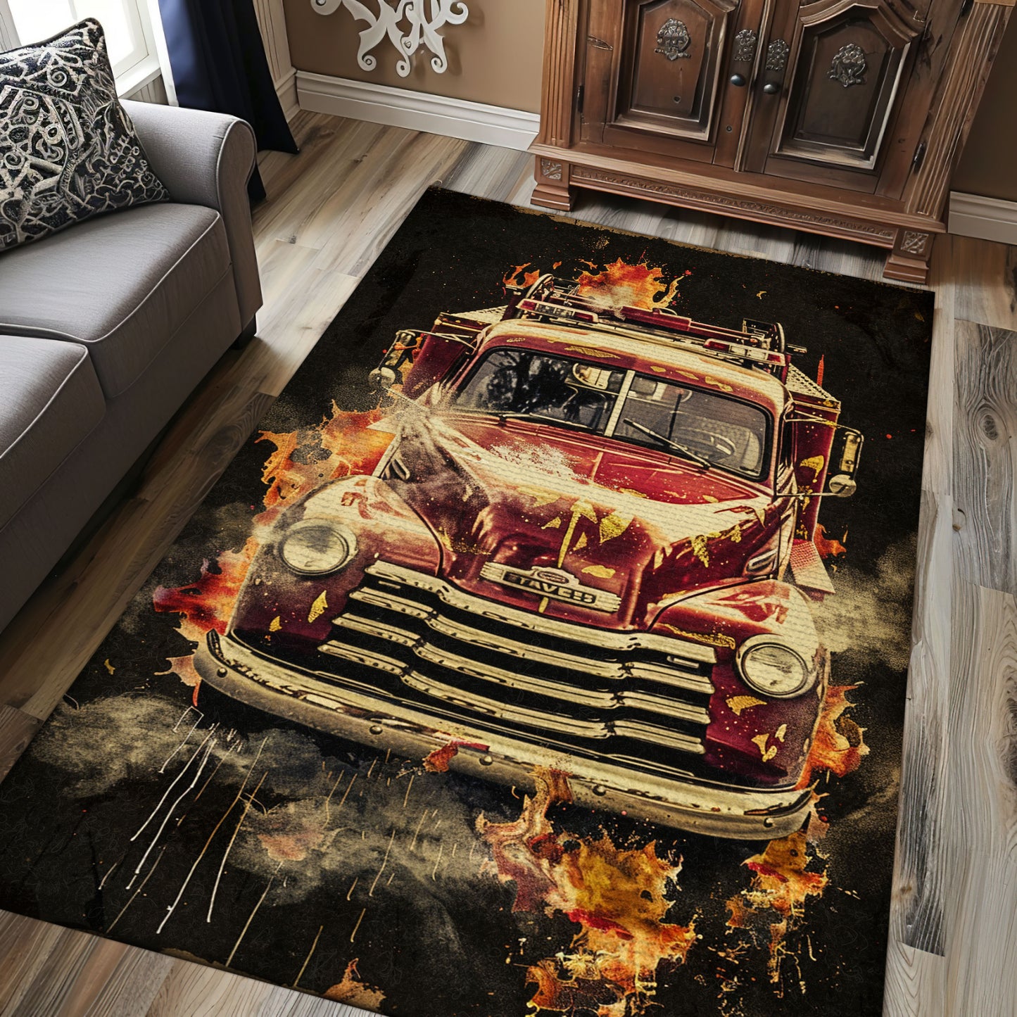 Personalized Fireman Truck Area Rug: Honor First Responders in Style, Firefighter Rugs for Living Room Bedroom, Firefighter Rectangular Rugs Full Size FR04