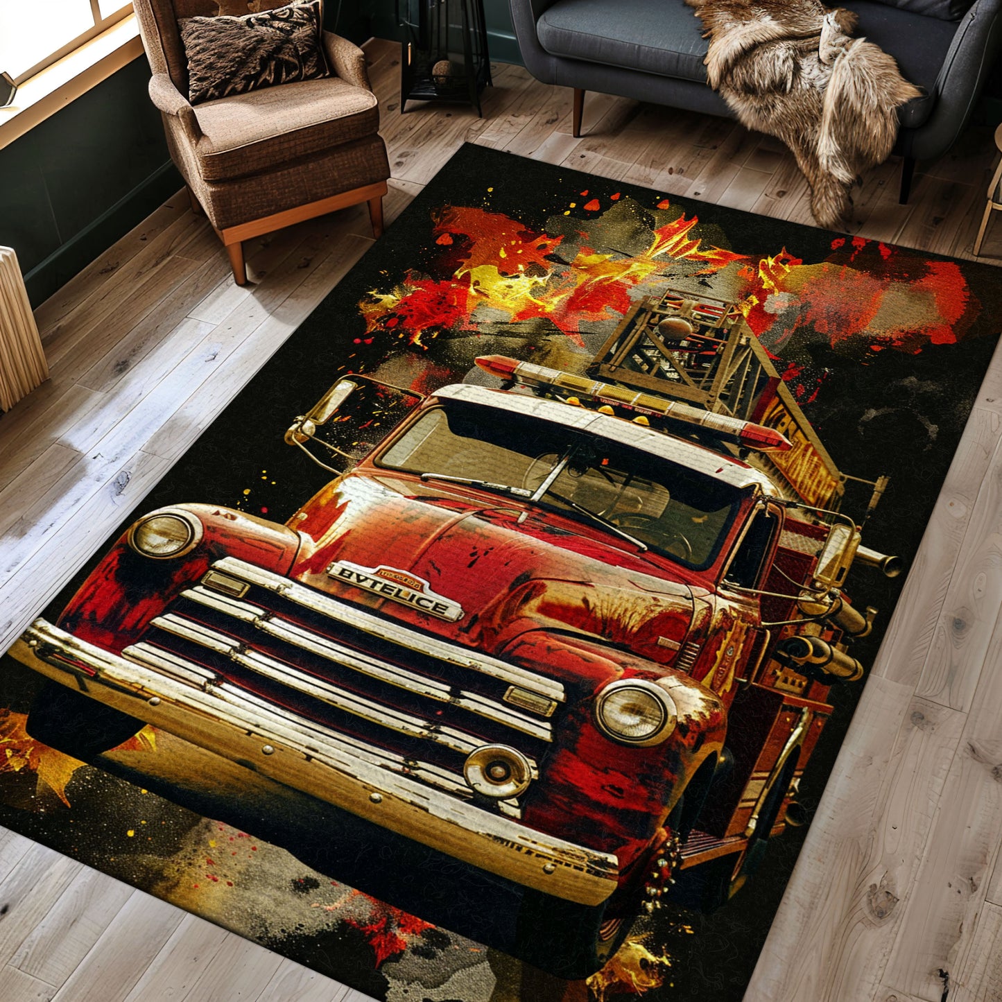 Firefighter Truck Design Carpet: Bring Action to Your Living Space, Firefighter Rugs for Living Room Bedroom, Firefighter Rectangular Rugs Full Size FR03