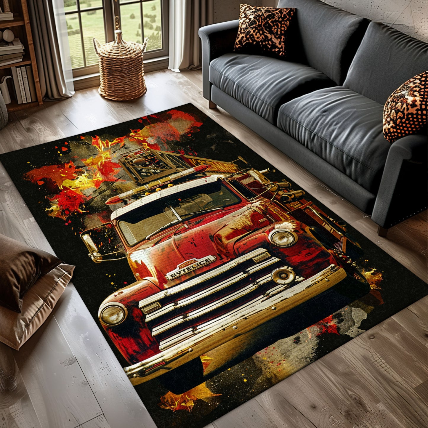 Firefighter Truck Design Carpet: Bring Action to Your Living Space, Firefighter Rugs for Living Room Bedroom, Firefighter Rectangular Rugs Full Size FR03