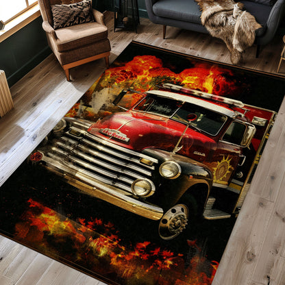 Custom Rectangular Firefighter Truck Rug: Perfect Accent for Firefighter Enthusiasts, Firefighter Rugs for Living Room Bedroom, Firefighter Rectangular Rugs Full Size FR02