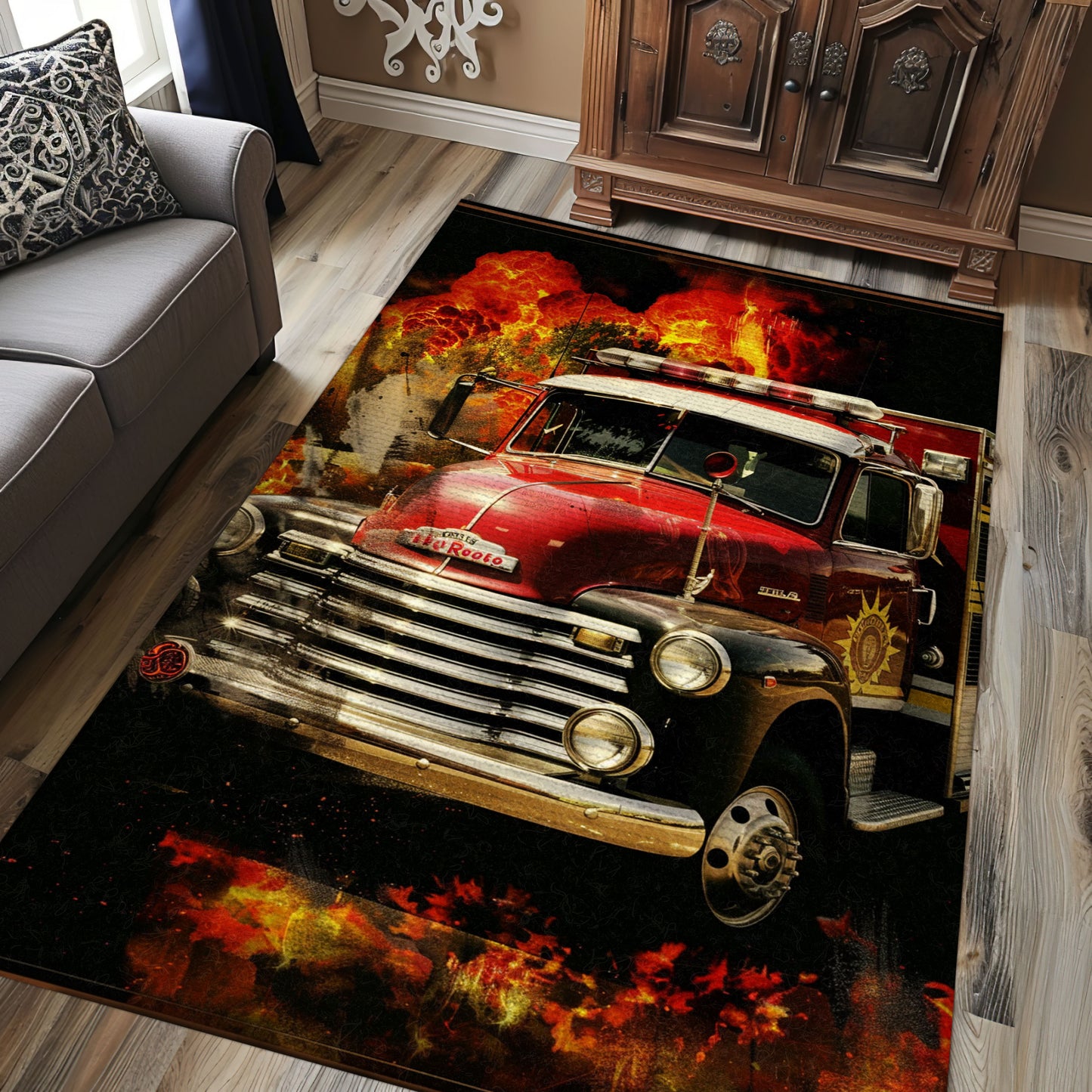 Custom Rectangular Firefighter Truck Rug: Perfect Accent for Firefighter Enthusiasts, Firefighter Rugs for Living Room Bedroom, Firefighter Rectangular Rugs Full Size FR02