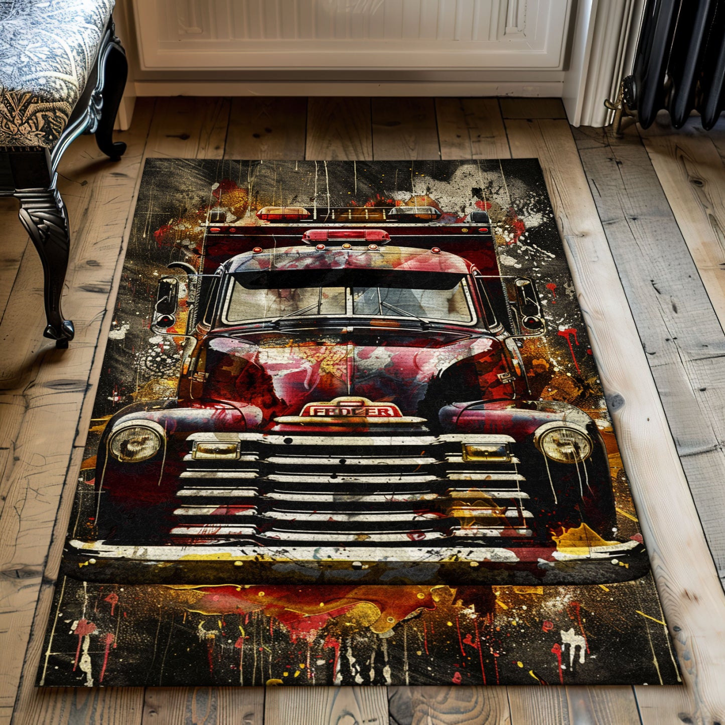 Personalized Firefighter Truck Area Rug: Add Heroic Charm to Your Home Decor, Firefighter Rugs for Living Room Bedroom, Firefighter Rectangular Rugs Full Size FR01