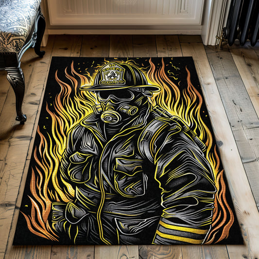 Firefighter in Full Gear Portrayed Rug: Tribute to Courageous First Responders, Firefighter Rugs for Living Room Bedroom, Firefighter Rectangular Rugs Full Size FR22