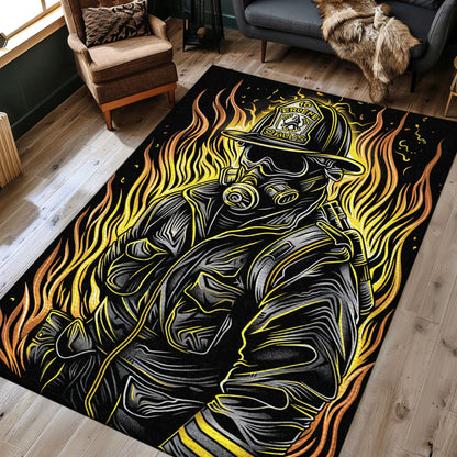 Firefighter in Full Gear Portrayed Rug: Tribute to Courageous First Responders, Firefighter Rugs for Living Room Bedroom, Firefighter Rectangular Rugs Full Size FR22