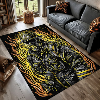 Firefighter in Full Gear Portrayed Rug: Tribute to Courageous First Responders, Firefighter Rugs for Living Room Bedroom, Firefighter Rectangular Rugs Full Size FR22