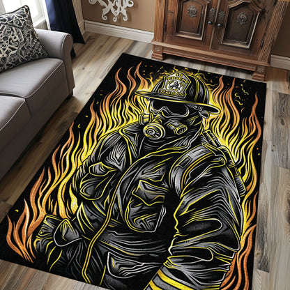 Firefighter in Full Gear Portrayed Rug: Tribute to Courageous First Responders, Firefighter Rugs for Living Room Bedroom, Firefighter Rectangular Rugs Full Size FR22