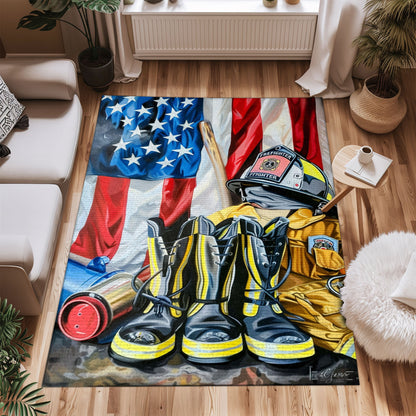 Bold Fire Truck in Front of the USA Flag Area Rug: Show Support for First Responders and Nation, Firefighter Rugs for Living Room Bedroom, Firefighter Rectangular Rugs Full Size FR60