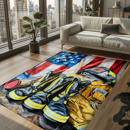 Bold Fire Truck in Front of the USA Flag Area Rug: Show Support for First Responders and Nation, Firefighter Rugs for Living Room Bedroom, Firefighter Rectangular Rugs Full Size FR60