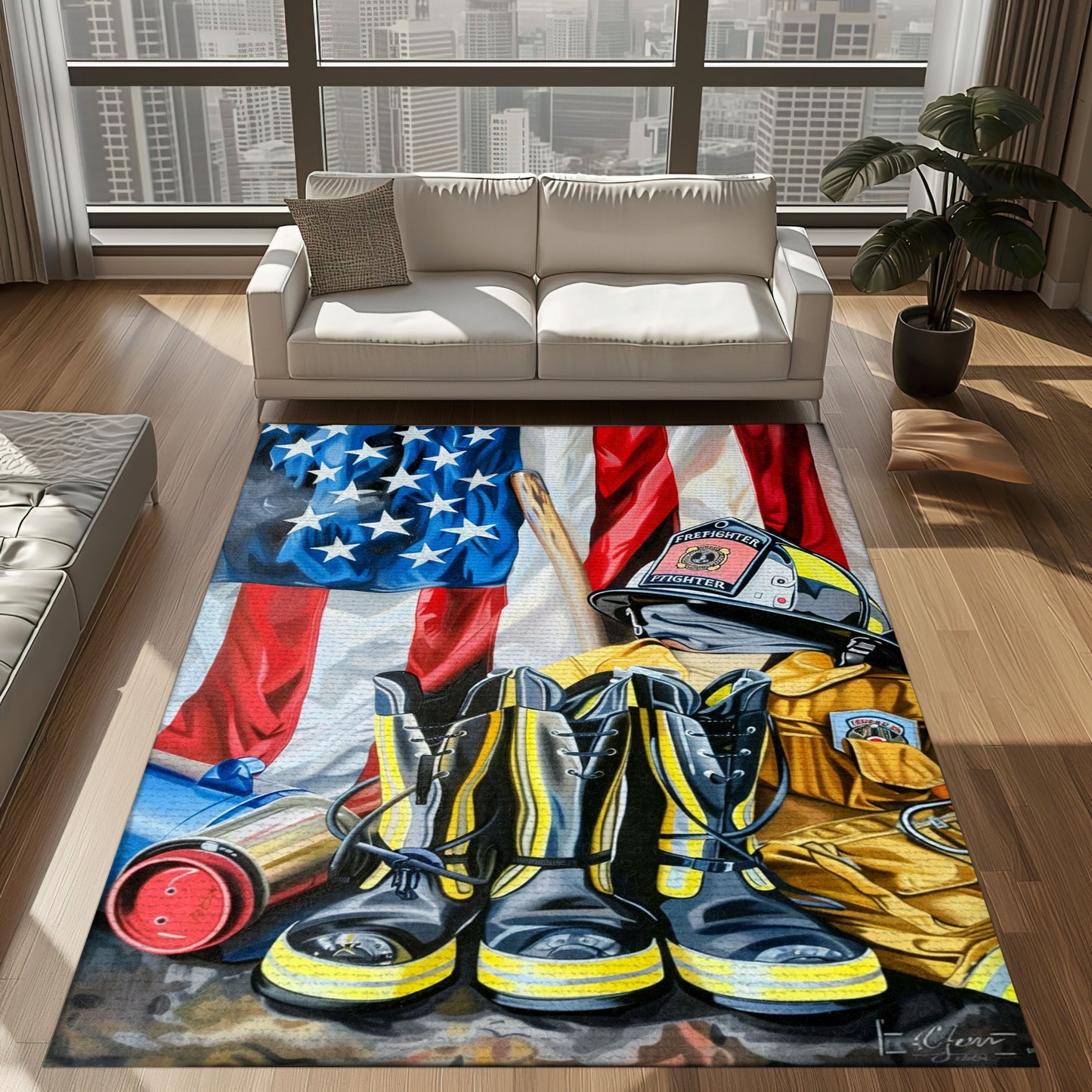 Tribute to Heroes: Personalized Firefighter's Gear and Memorabilia Area Rug, Firefighter Rugs for Living Room Bedroom, Firefighter Rectangular Rugs Full Size FR142