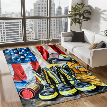 Bold Fire Truck in Front of the USA Flag Area Rug: Show Support for First Responders and Nation, Firefighter Rugs for Living Room Bedroom, Firefighter Rectangular Rugs Full Size FR60