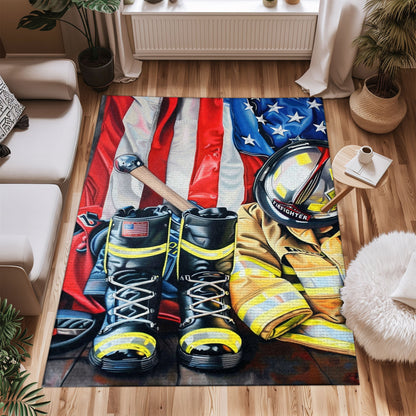 Bold Fire Truck in Front of the USA Flag Area Rug: Show Support for First Responders and Nation, Firefighter Rugs for Living Room Bedroom, Firefighter Rectangular Rugs Full Size FR60