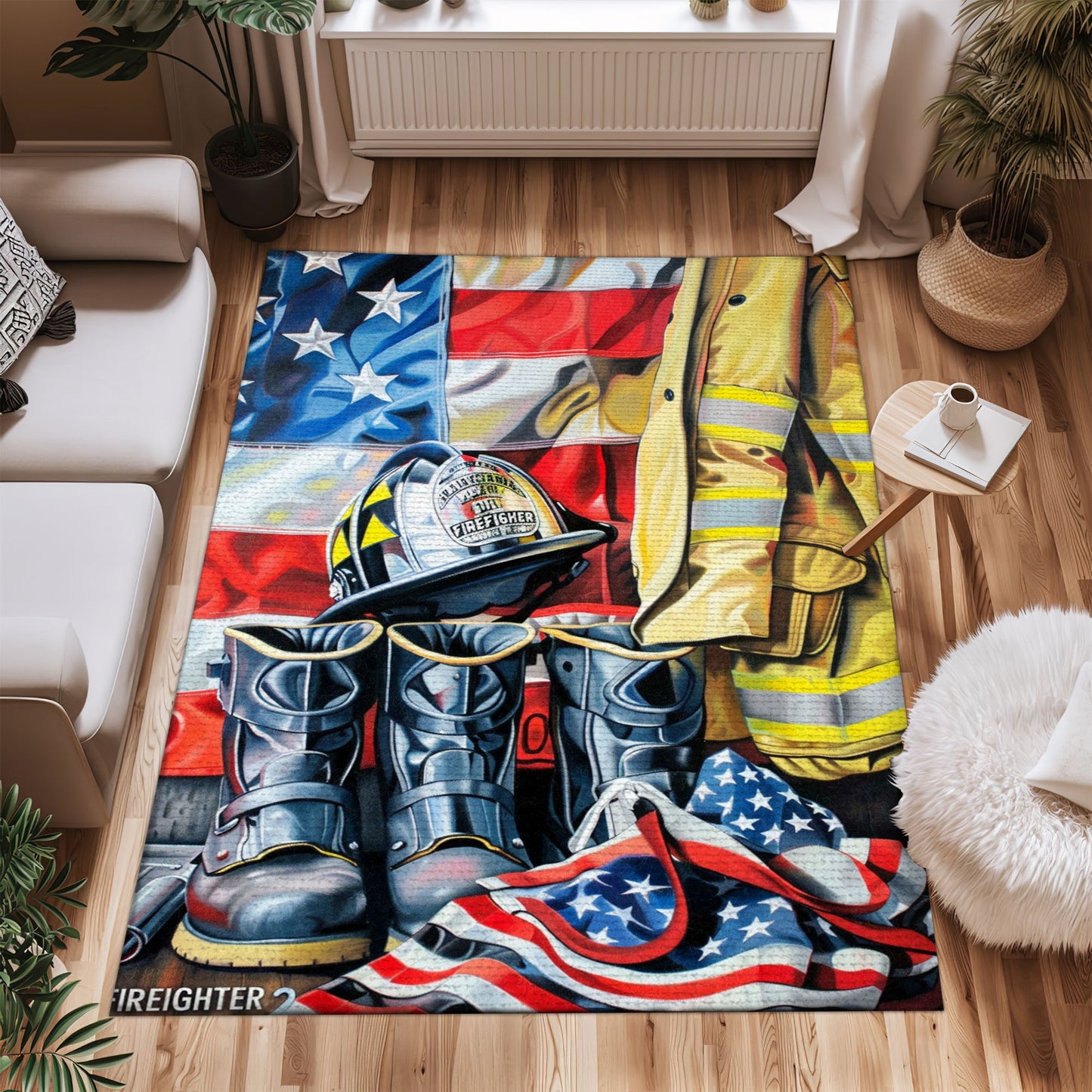 Bold Fire Truck in Front of the USA Flag Area Rug: Show Support for First Responders and Nation, Firefighter Rugs for Living Room Bedroom, Firefighter Rectangular Rugs Full Size FR60