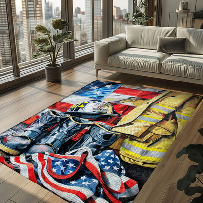 Bold Fire Truck in Front of the USA Flag Area Rug: Show Support for First Responders and Nation, Firefighter Rugs for Living Room Bedroom, Firefighter Rectangular Rugs Full Size FR60