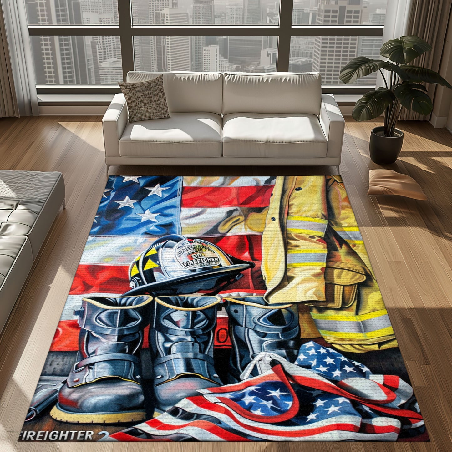 Bold Fire Truck in Front of the USA Flag Area Rug: Show Support for First Responders and Nation, Firefighter Rugs for Living Room Bedroom, Firefighter Rectangular Rugs Full Size FR60