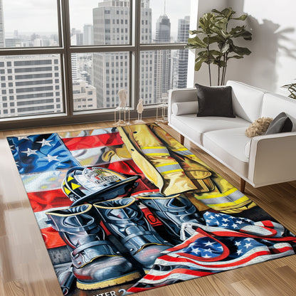 Bold Fire Truck in Front of the USA Flag Area Rug: Show Support for First Responders and Nation, Firefighter Rugs for Living Room Bedroom, Firefighter Rectangular Rugs Full Size FR60