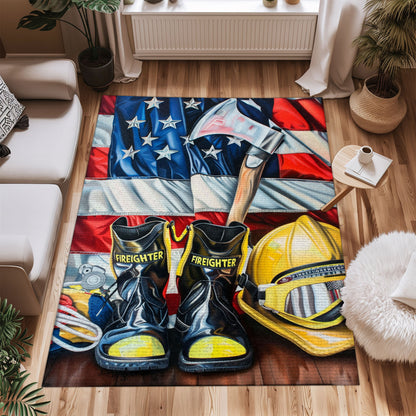 Bold Fire Truck in Front of the USA Flag Area Rug: Show Support for First Responders and Nation, Firefighter Rugs for Living Room Bedroom, Firefighter Rectangular Rugs Full Size FR60